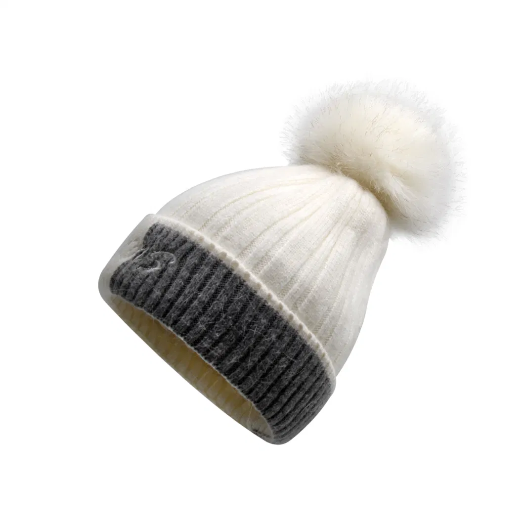 Winter Multicolor Stripe Ski Beanie with Faux Fur POM for Ladies